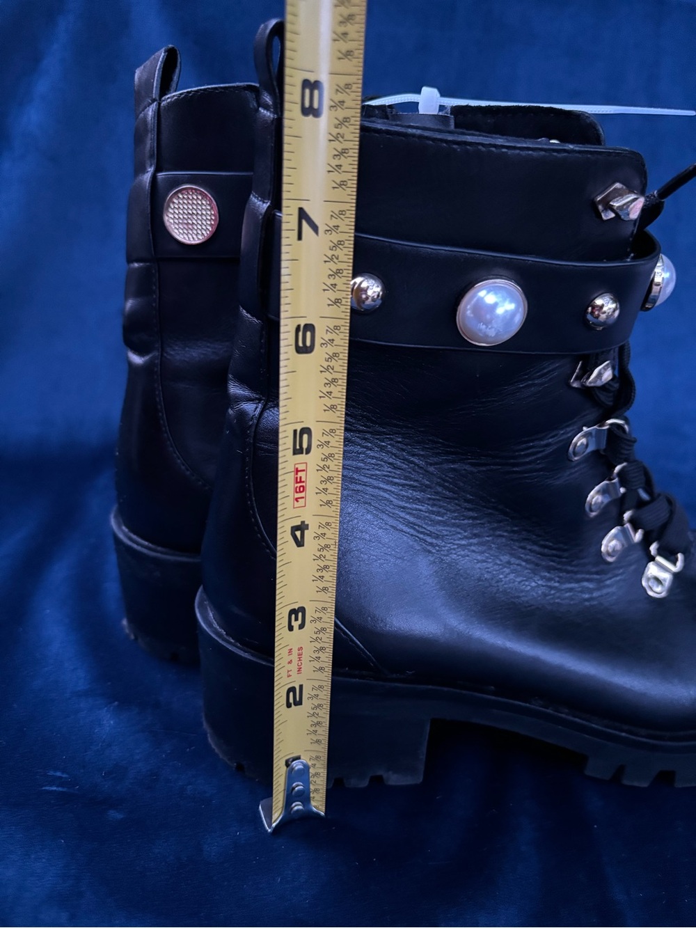 Karl Lagerfeld Black Pearl-Stud Lace-Up Lug Boots size 7 - Picture 13 of 15